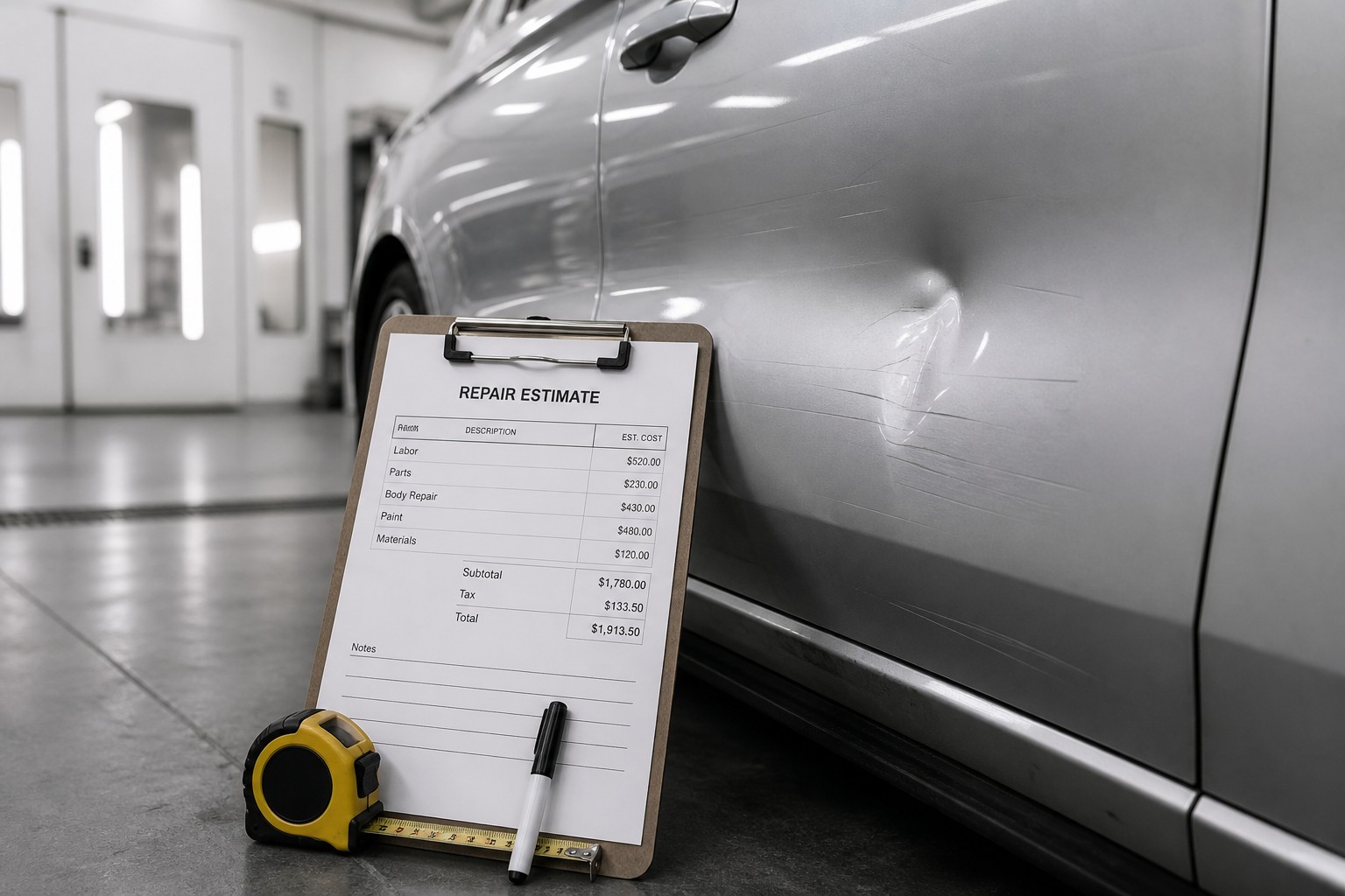 A dented silver car door with a repair estimate on a clipboard leaning against it in a body shop