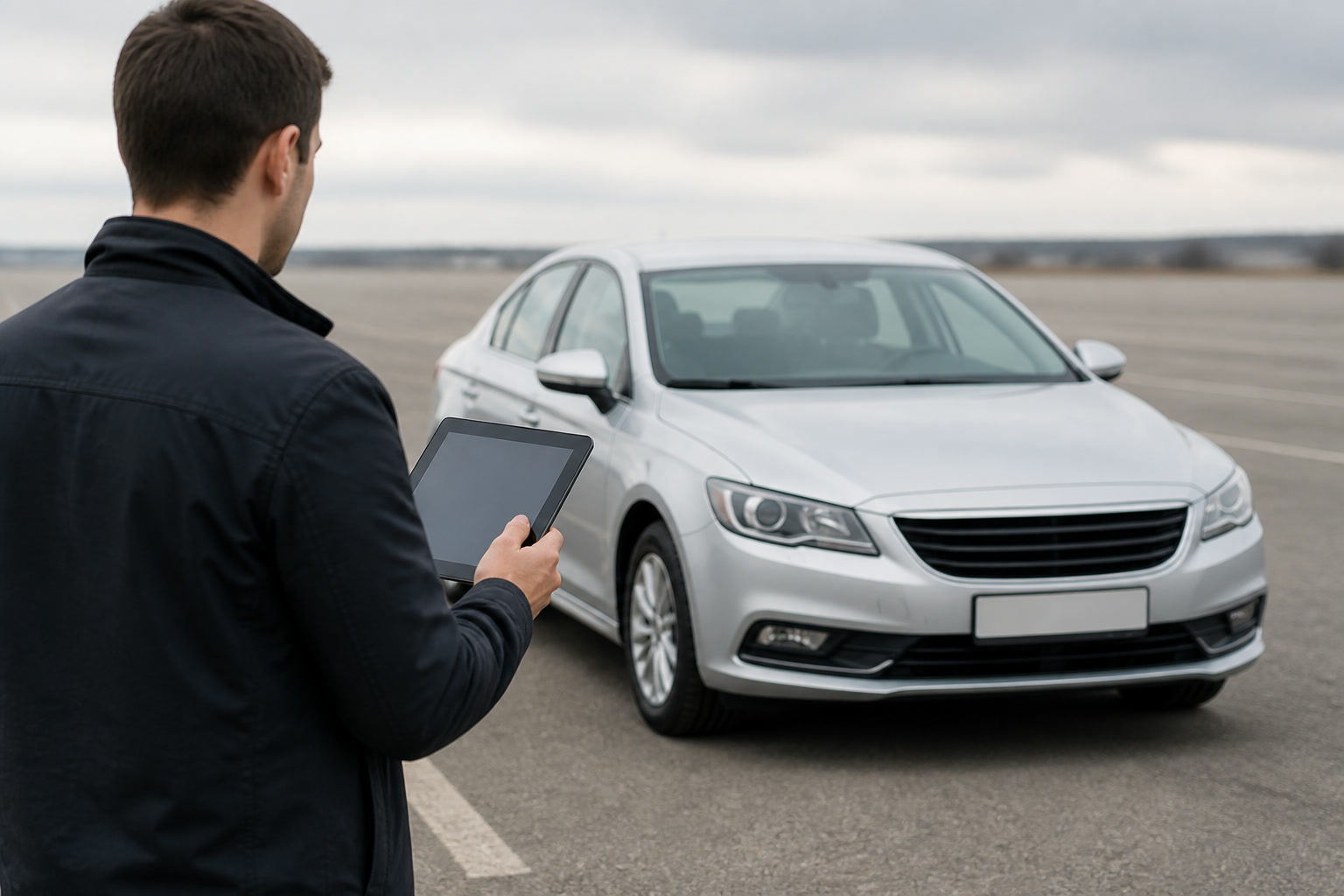 A person with a tablet appraising a parked silver sedan in an outdoor lot