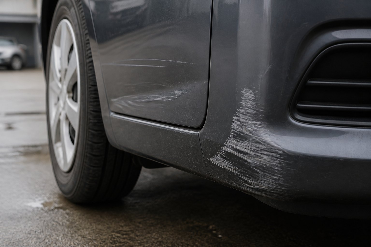 Close-up of a scuffed bumper corner and a light crease on the door panel of a dark grey car
