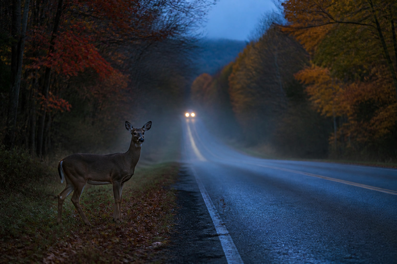A deer standing at the edge of a rural road at dusk with distant car headlights approaching
