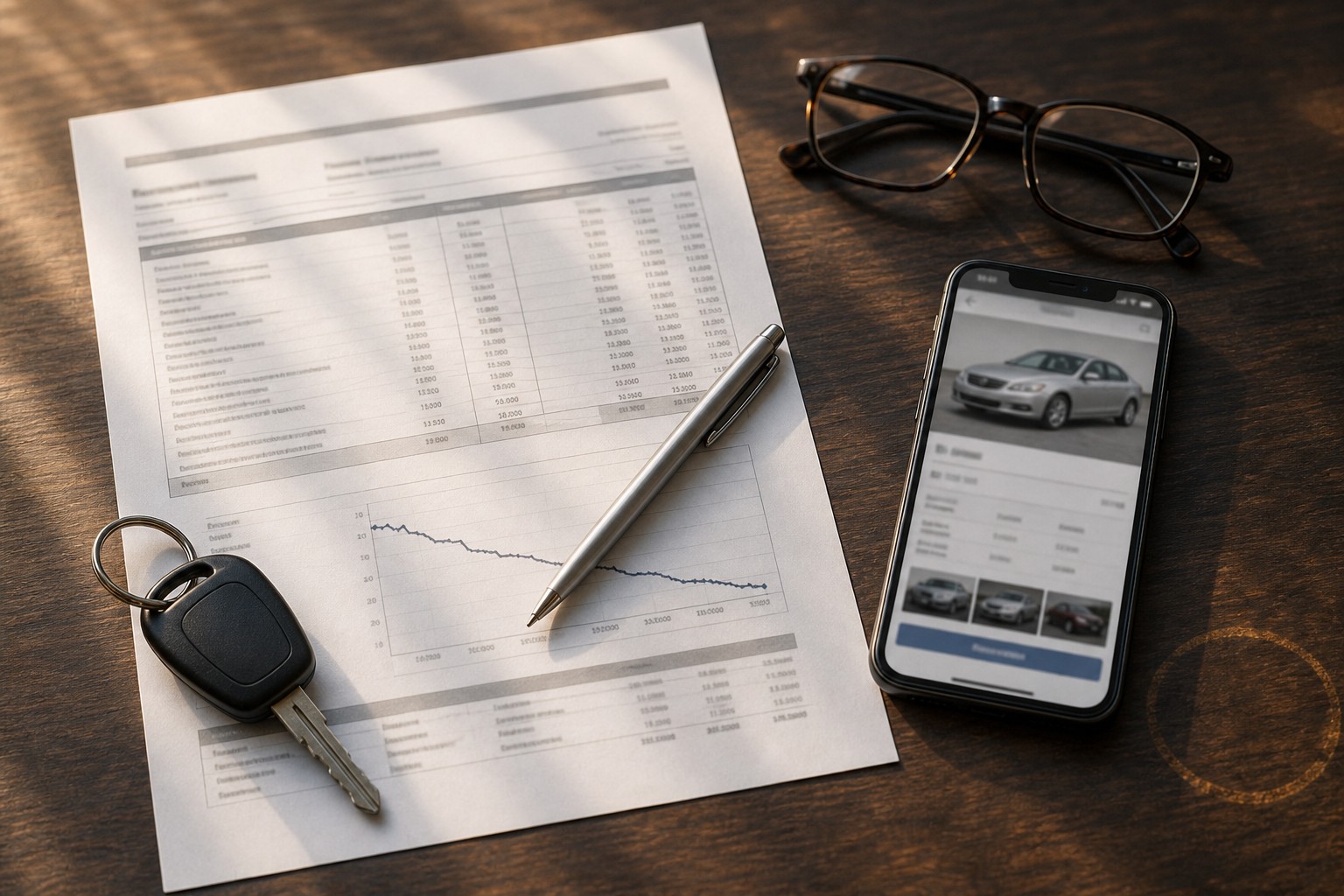 A vehicle appraisal document with a declining value chart, car keys and a phone showing a used-car listing