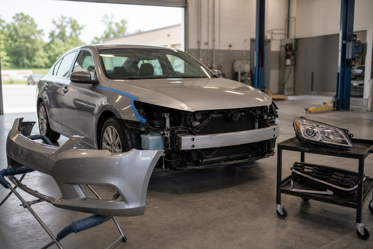 A silver sedan mid-repair in a body shop, its front bumper cover resting on a stand and the headlight and grille laid out on a parts cart