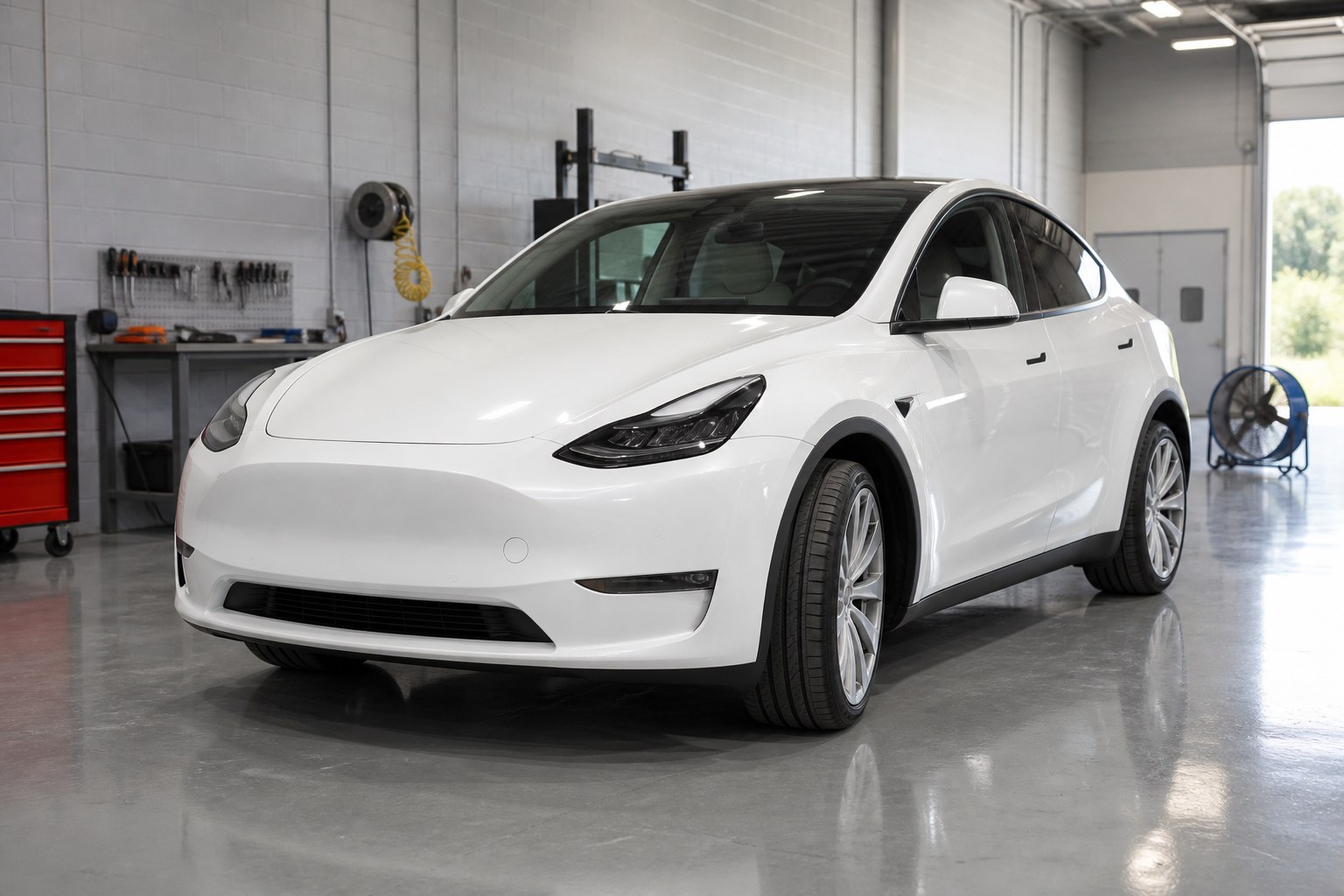 A Tesla Model Y in a collision repair bay, front cameras and radar area facing the camera
