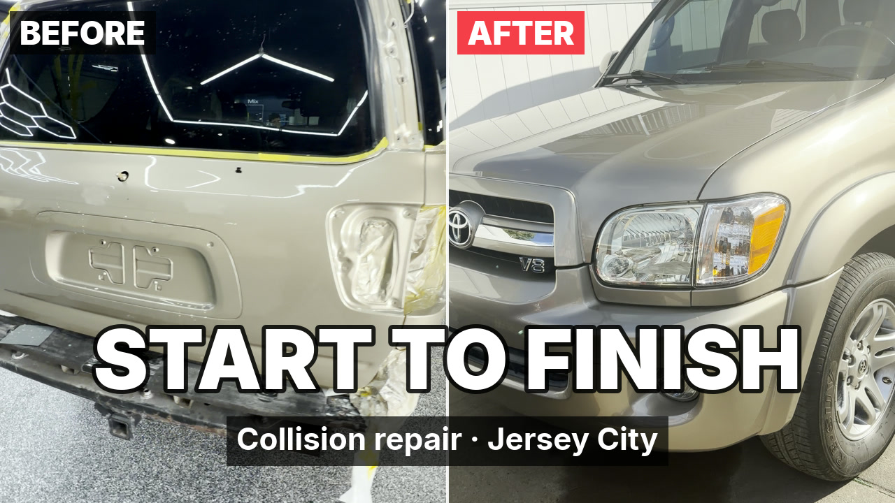 A Toyota Sequoia before and after repair at our Jersey City shop: masked and in primer on the left, finished gold paint on the right